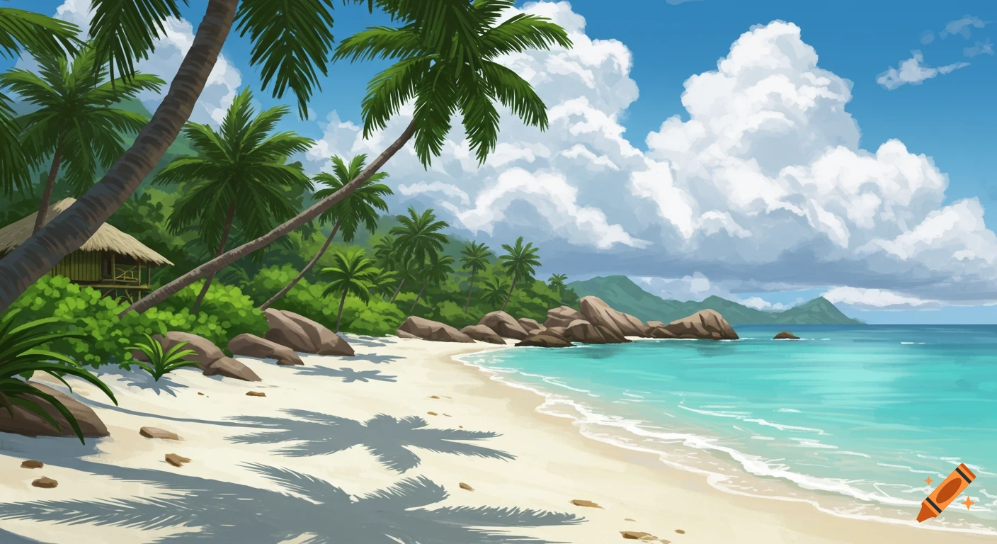 A vibrant image of a tropical beach with palm trees, rocks, turquoise water, and clouds.