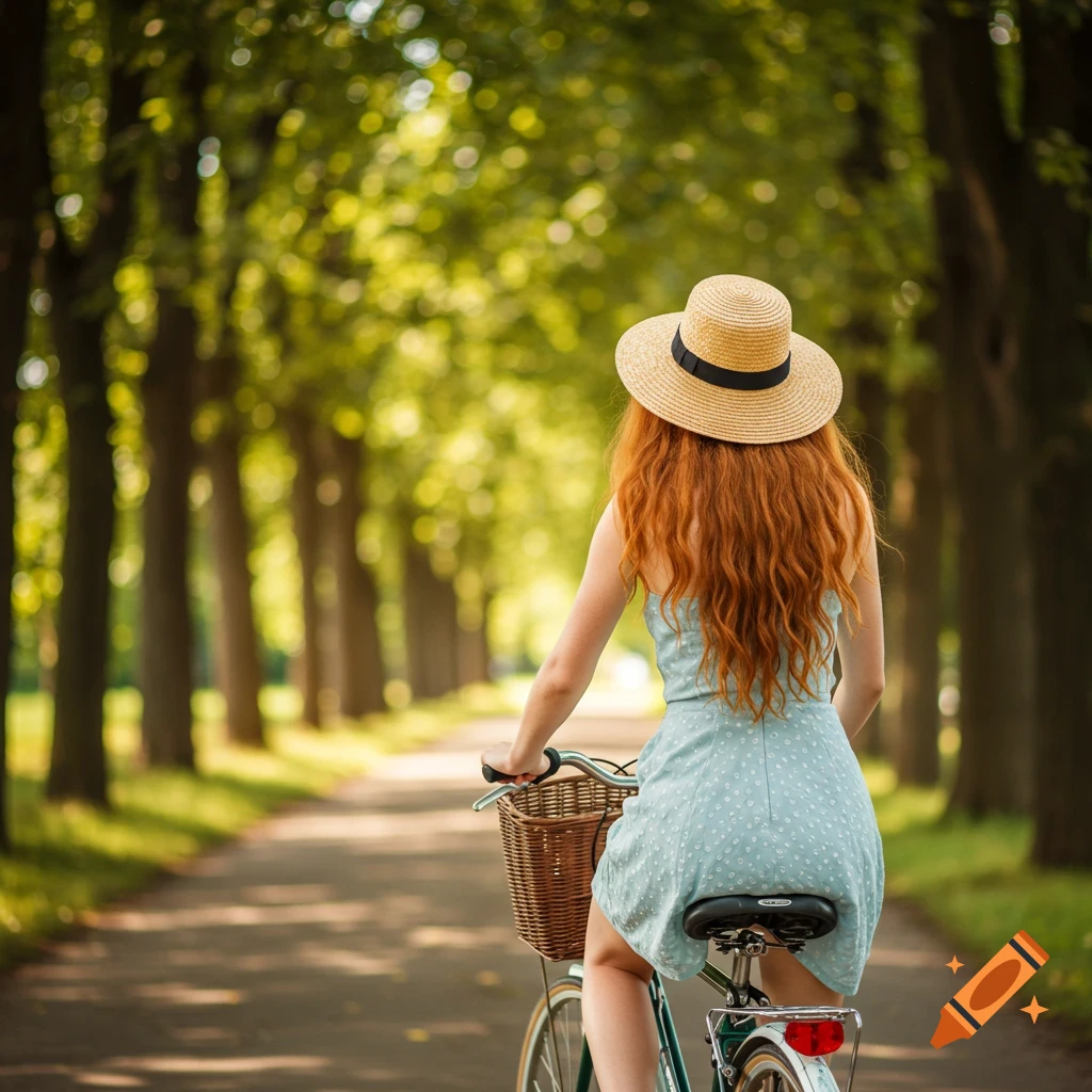 A woman with long red hair rides a bicycle down a tree-lined path in a park.