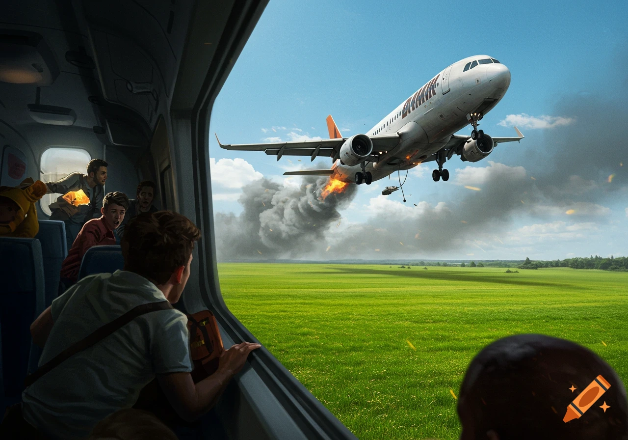 People watch from a window as a damaged airplane flies over a green field.