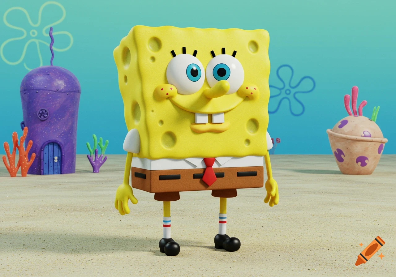 A 3D rendering of Spongebob Squarepants standing on the sand with his pineapple house and other structures in the background.