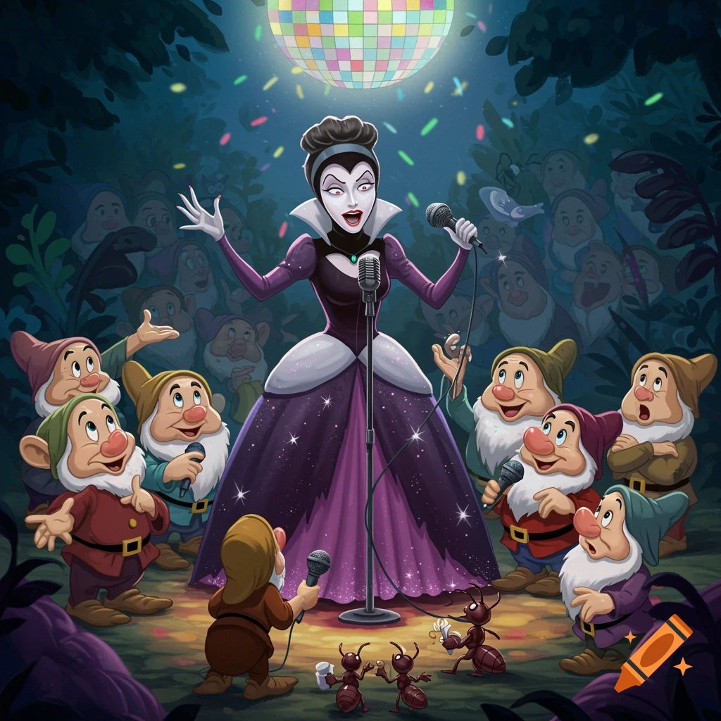 Evil Queen singing karaoke with dwarfs and ants under a disco ball in a fairytale forest clearing, cartoon style.