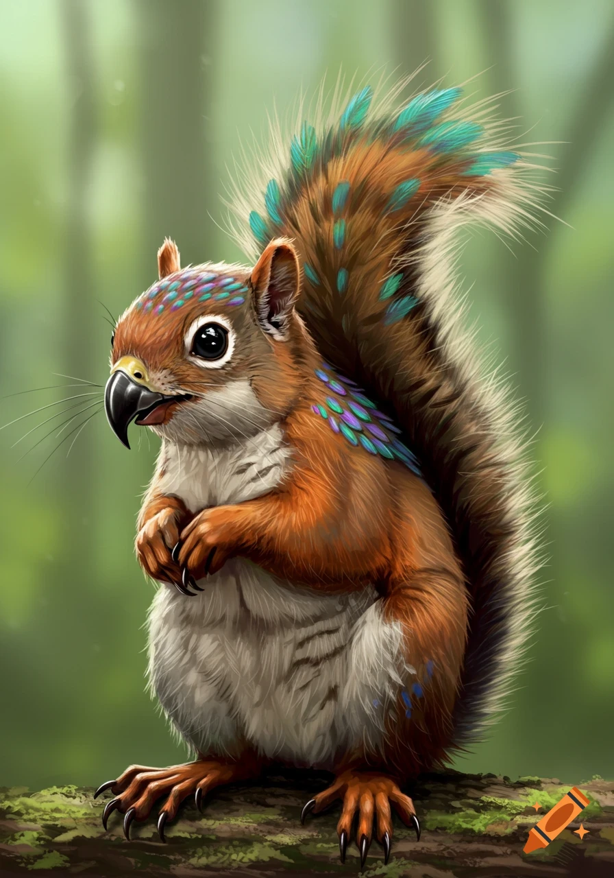 A squirrel creature with a bird beak and feathers sits on a log in a forest.