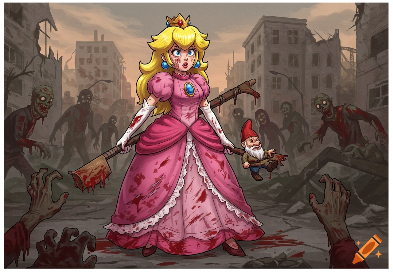 Princess Peach, covered in blood, holds a bloody weapon with a gnome on it, surrounded by zombies in a ruined city.