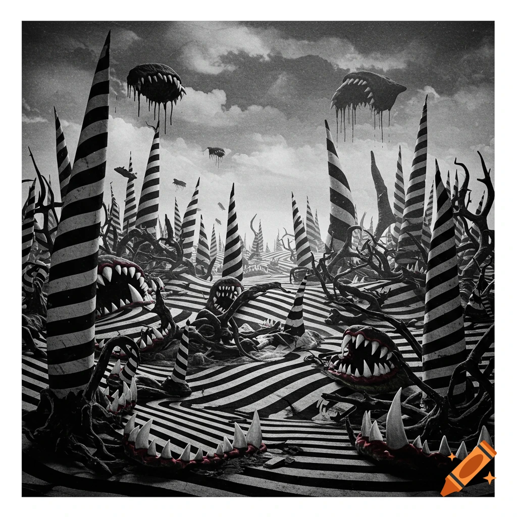 A horrifying black and white landscape with striped pillars and sharp-toothed creatures. Old photo style.