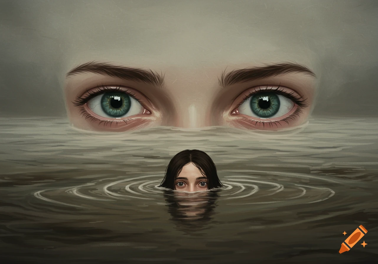 A person's head is in the water with large eyes floating above.