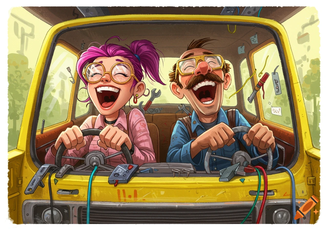 Two cartoon engineers in a car laughing.
