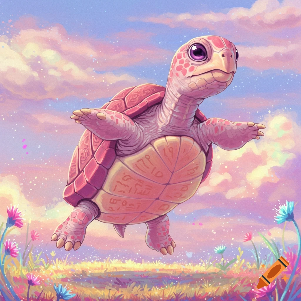 A pink turtle is flying over a field filled with flowers under a cloudy sky.