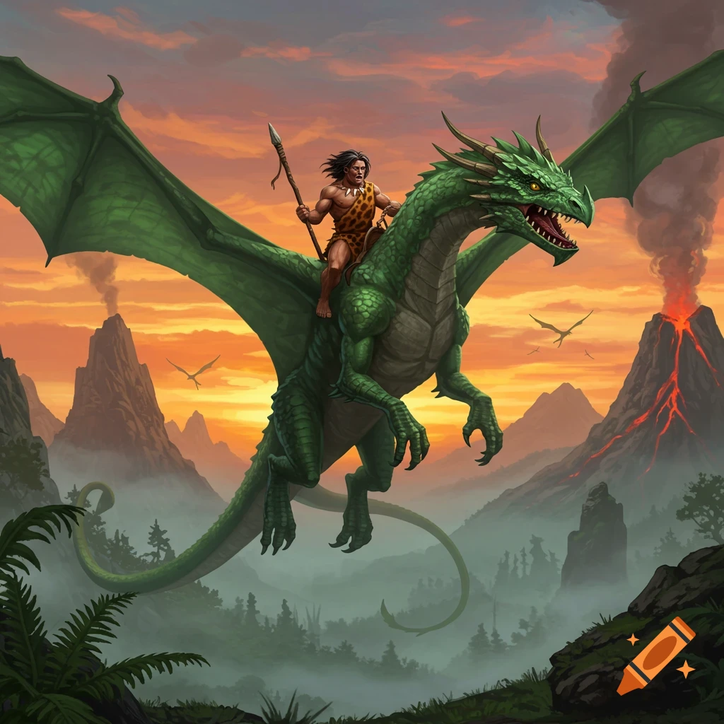 A caveman riding a green dragon over a volcanic landscape at sunset.