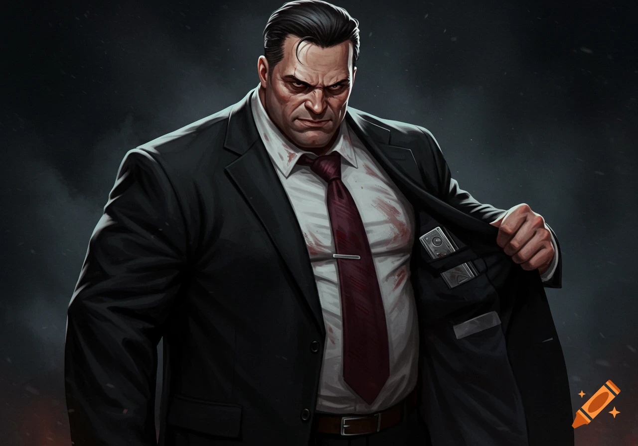 Illustration of a buff man in a bloody suit revealing items in his jacket pocket.