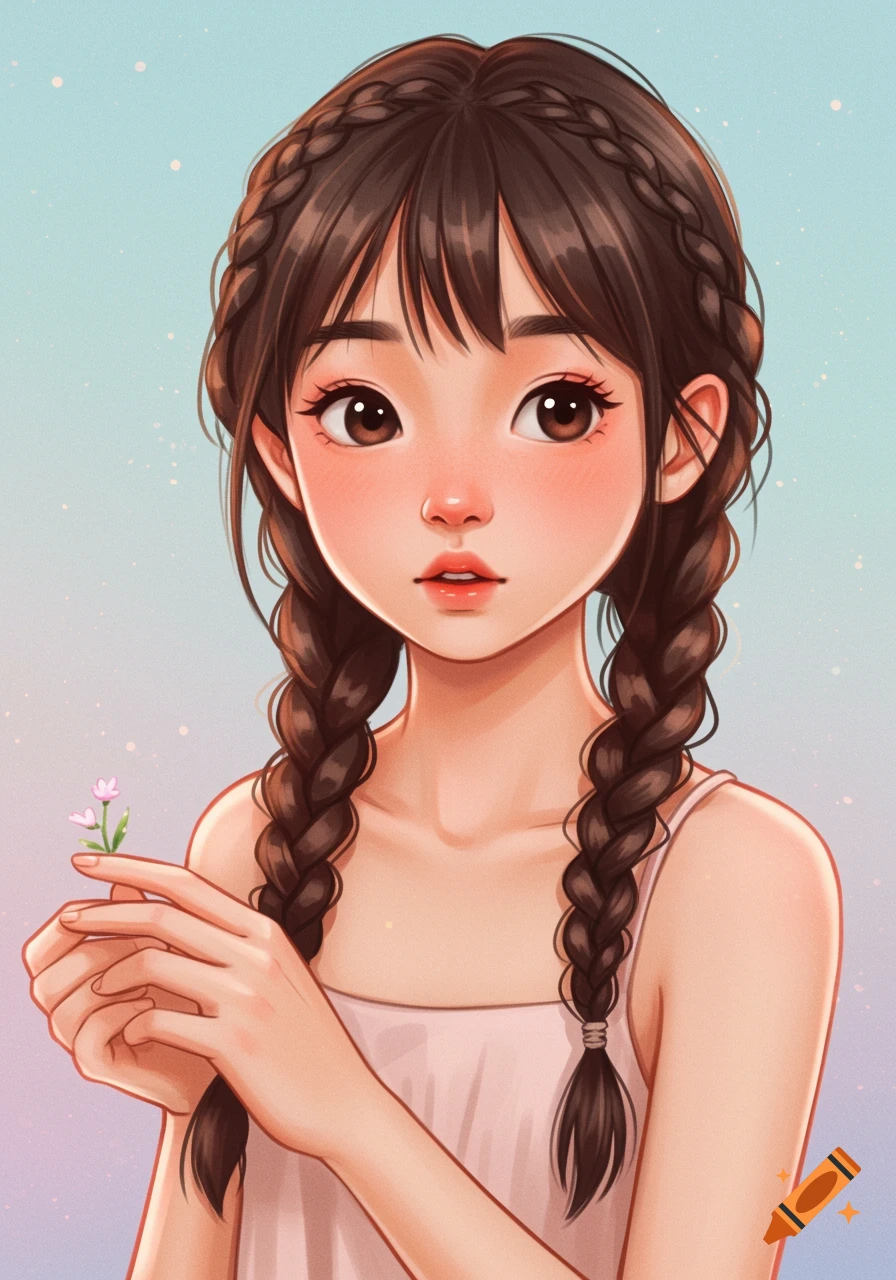 Anime-style image of a young girl with braided hair holding a small pink flower.