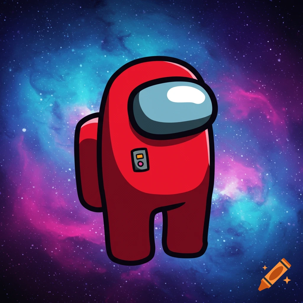 Red Among Us character against a starry galaxy background