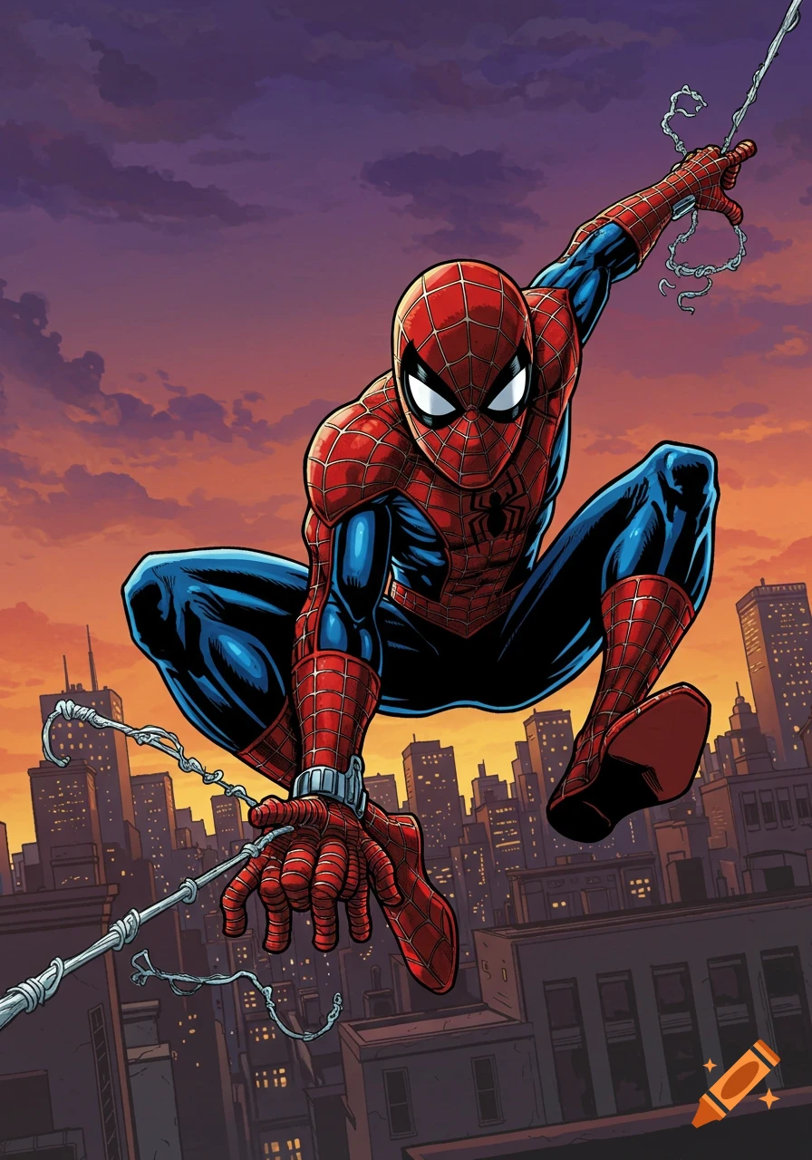 Comic book style illustration of Spider-Man crouching above a city skyline at sunset, preparing to shoot a web.