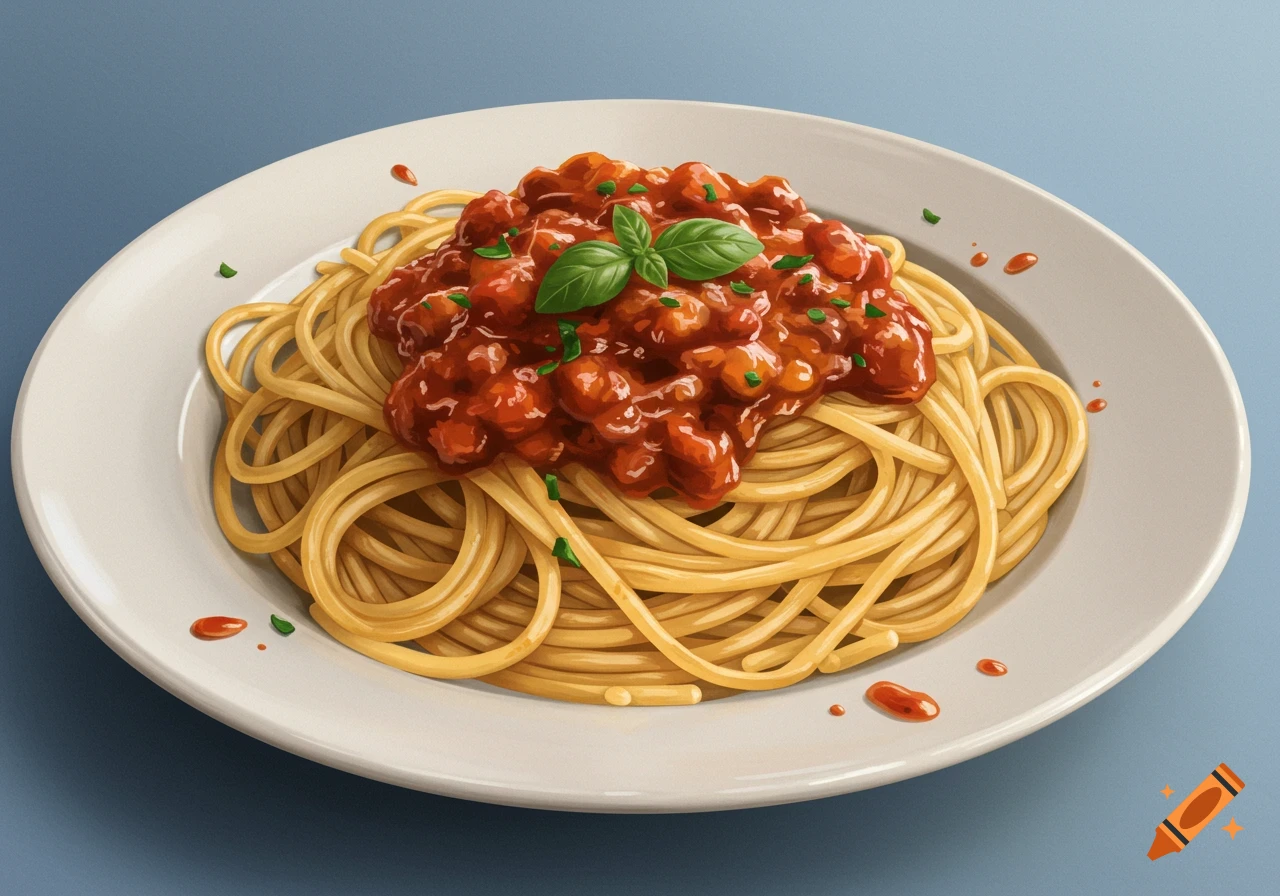 Spaghetti with meat sauce on a white plate.