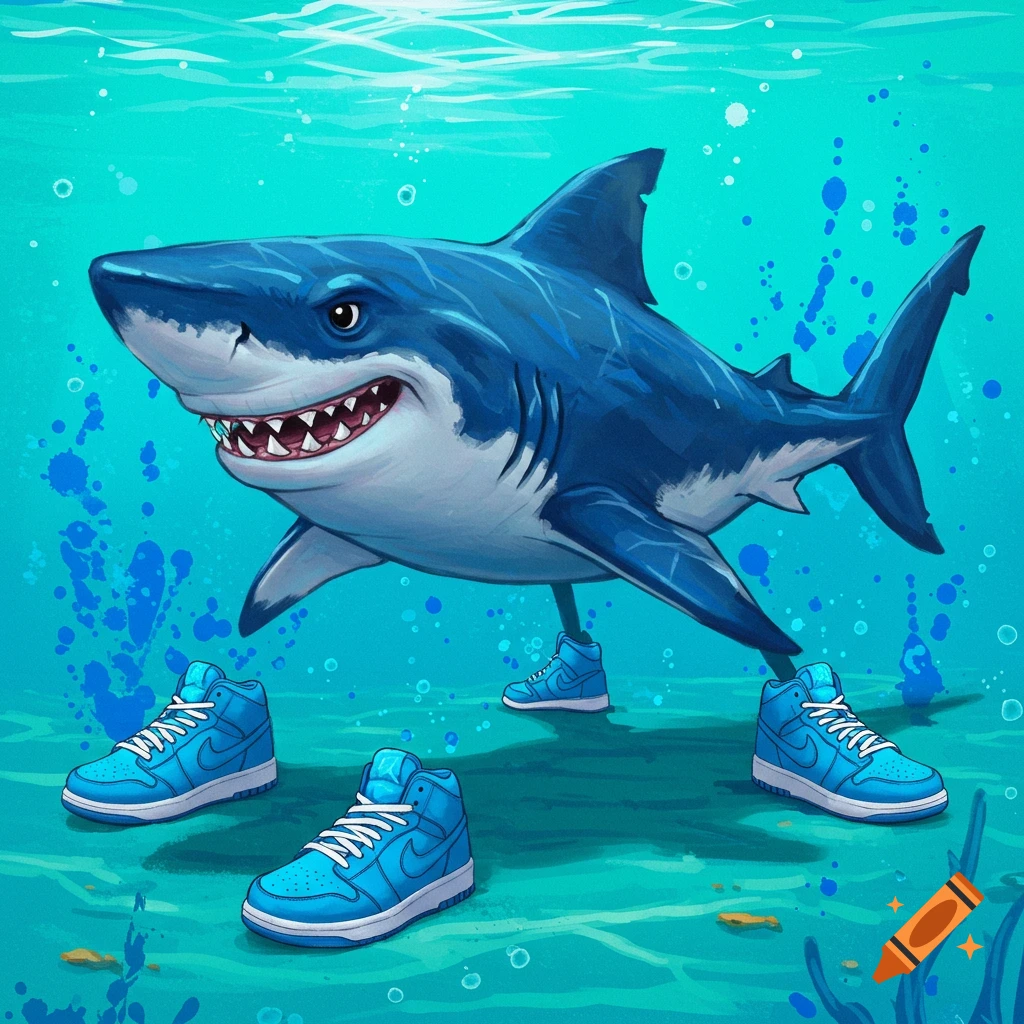 A cartoon shark swimming underwater, wearing three pairs of blue high-top sneakers.