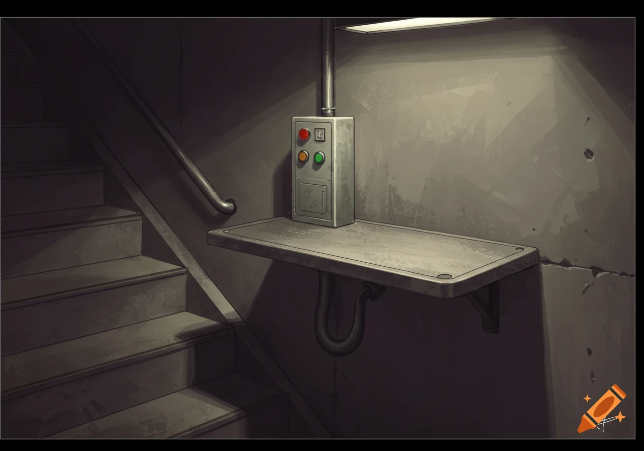 A dark stairwell with a concrete shelf and a control panel next to stairs.