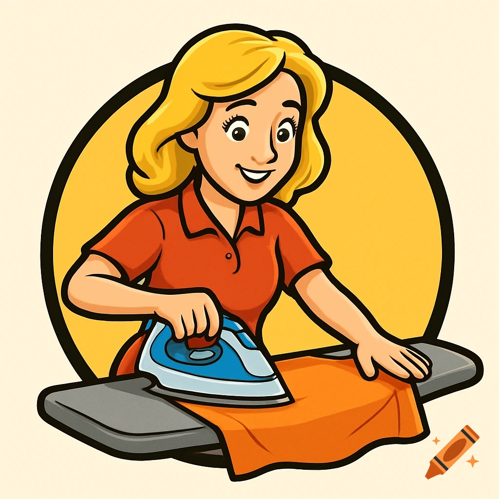 Cartoon logo of a blonde woman ironing an orange shirt on an ironing board.