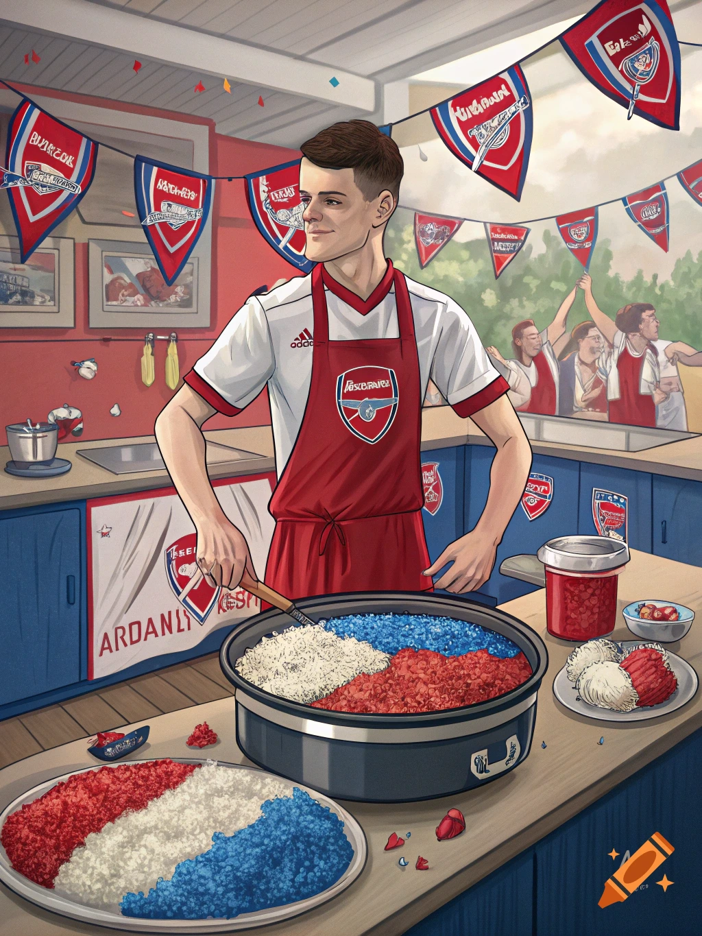 Arsenal TIFO of Declan Rice cooking rice on Craiyon