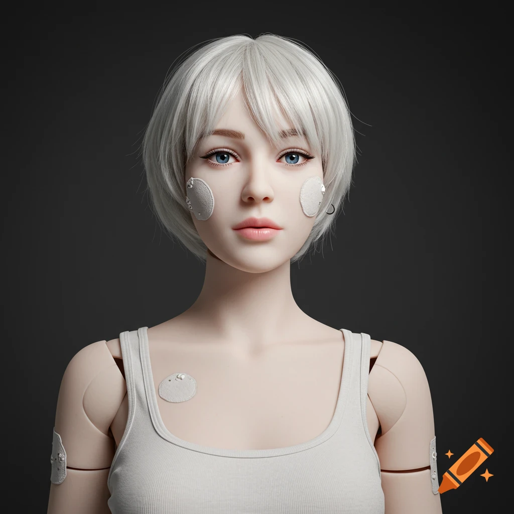 Close-up of a humanoid android robot with white hair, blue eyes, wearing a tank top and patches.