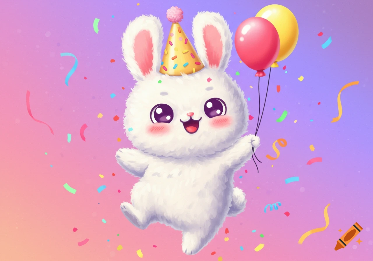 A cute bunny in a party hat holds balloons amidst confetti.