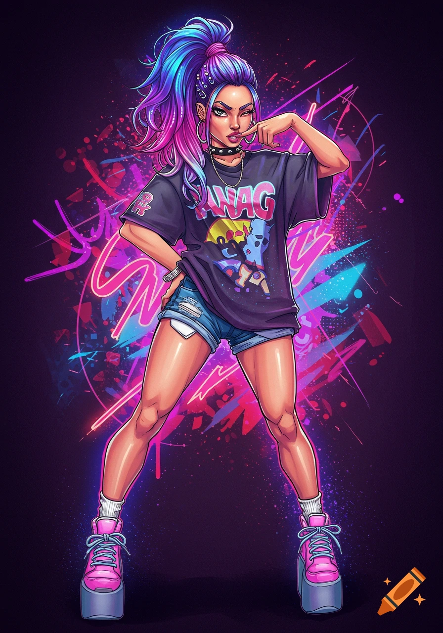 Stylized woman with colorful hair and platform shoes in front of neon graffiti.