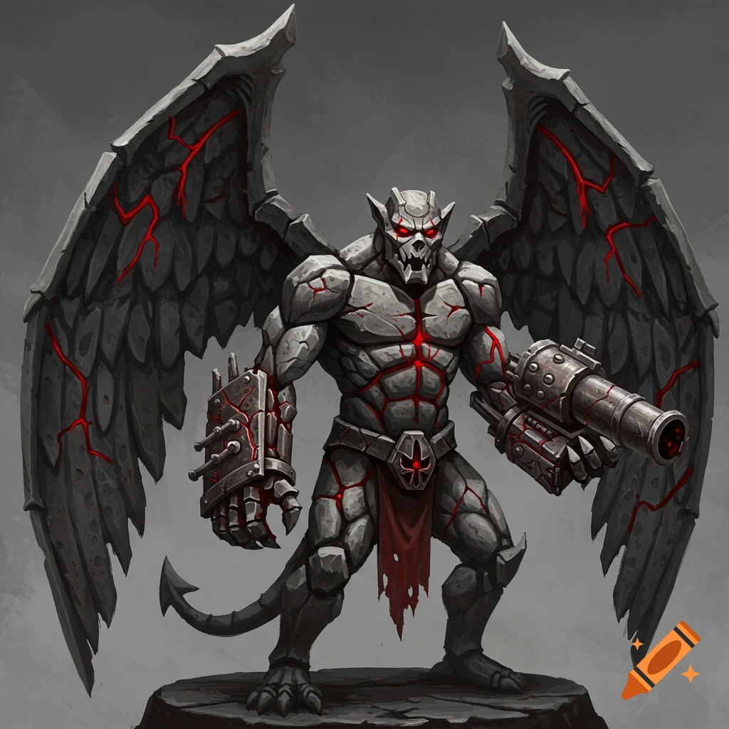 A gray stone gargoyle with red cracks, a canon arm, and large wings.