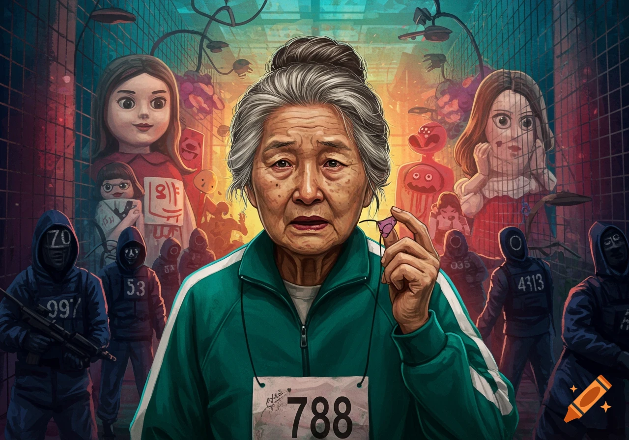 An old Korean woman in a Squid Game tracksuit with guards and dolls in the background.
