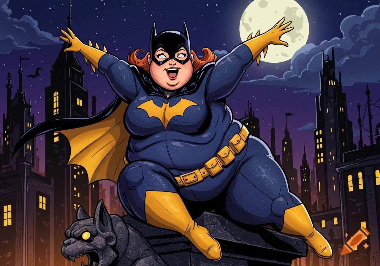 Cartoon illustration of a chubby Batgirl sitting on a gargoyle overlooking a city at night under a full moon.