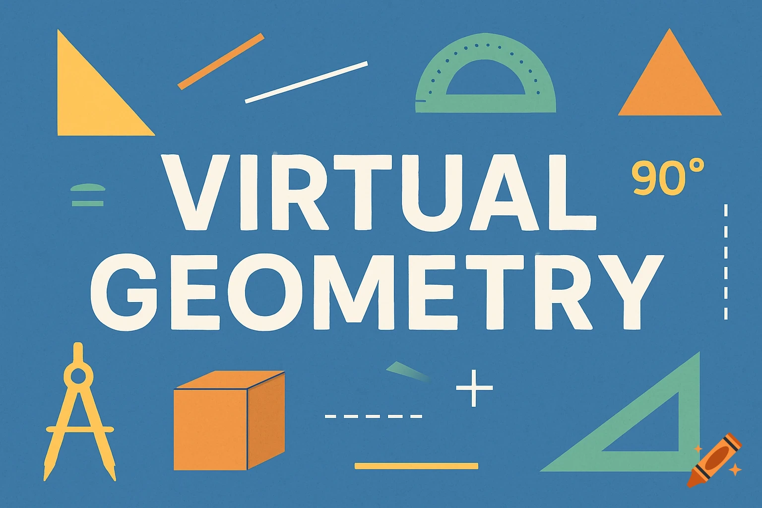 A banner for virtual geometry with shapes and tools on a blue background.