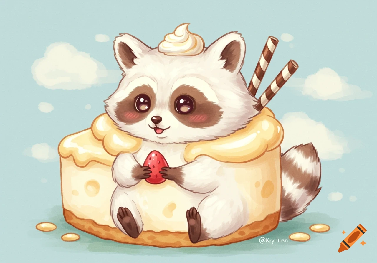 A cute cartoon raccoon sits in a slice of cheesecake, holding a strawberry.