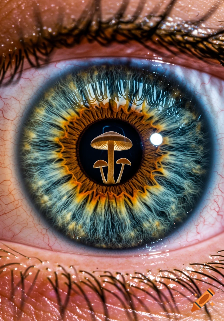Extreme macro photo of a detailed human eye with a small mushroom reflected in the iris.