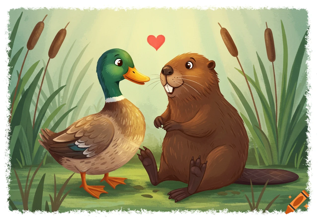Cartoon beaver and mallard duck in love with a heart above them in a grassy wetland illustration.