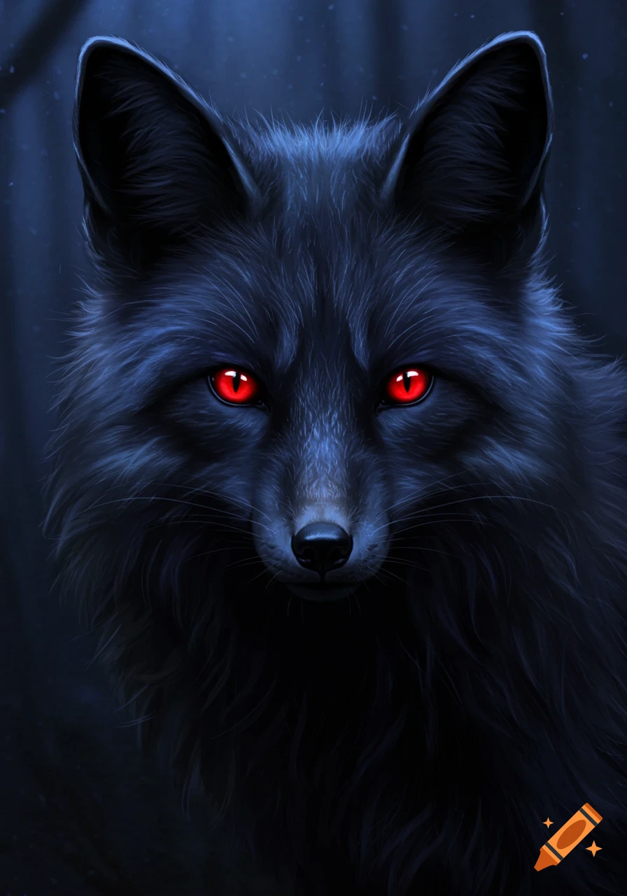 A black fox with striking red eyes.