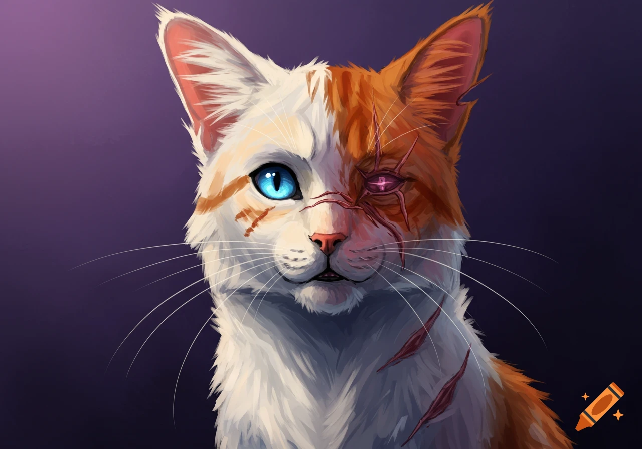 A scarred white and orange cat with one blue eye.