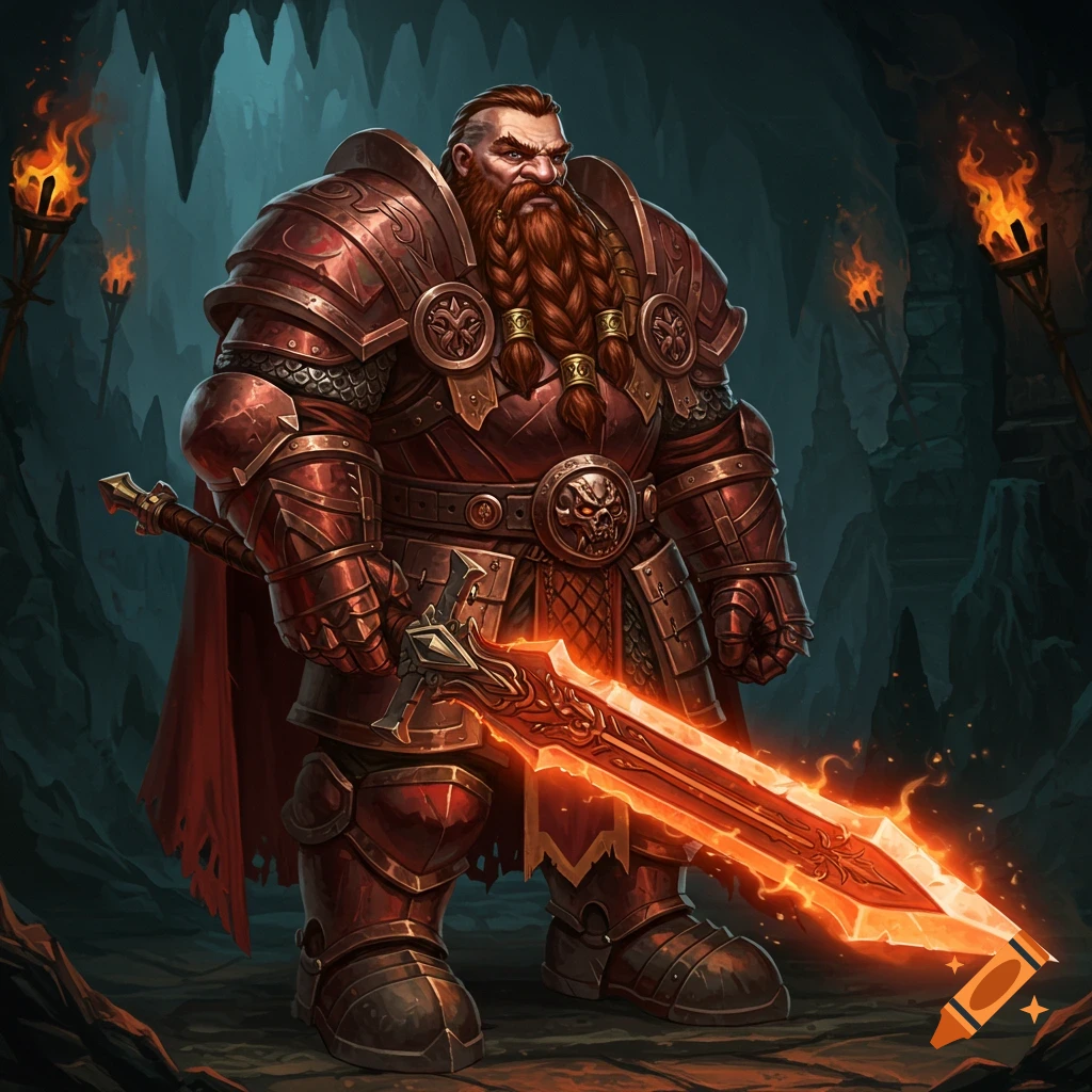 A dwarf paladin in heavy red armor holding a glowing sword in a dark cave.