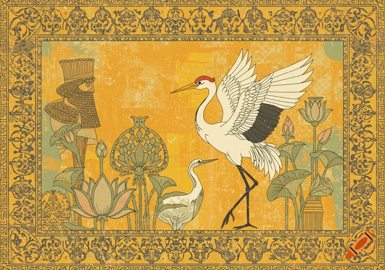 Stylized illustration of cranes, lotus flowers, and a figure with a decorative border, inspired by Persian art.