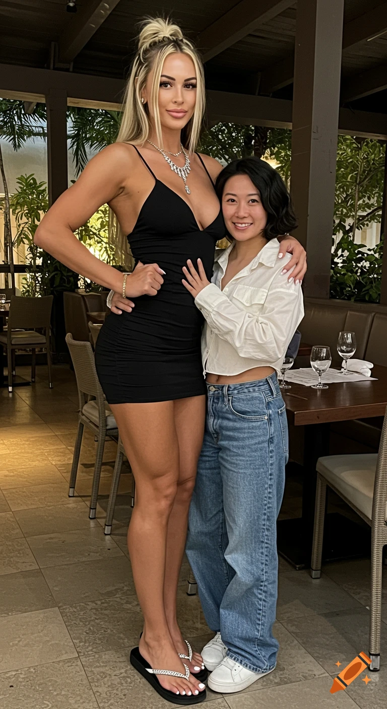 Two women pose together in a restaurant.