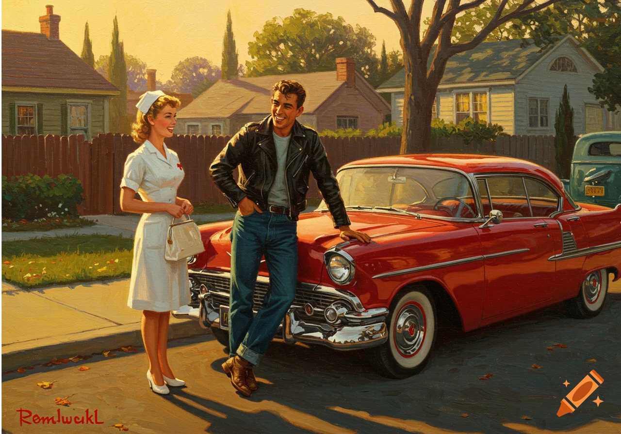 Oil painting of a 1950s greaser leaning on a vintage car talking to a nurse.