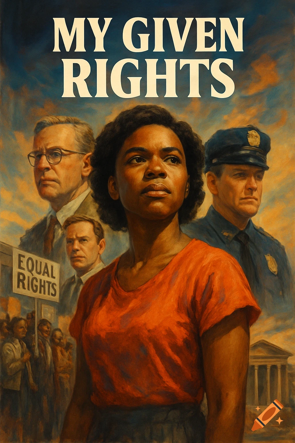 Movie poster 'My Given Rights', with a Black woman foreground, officer, man, crowd with 'Equal Rights' sign in background.