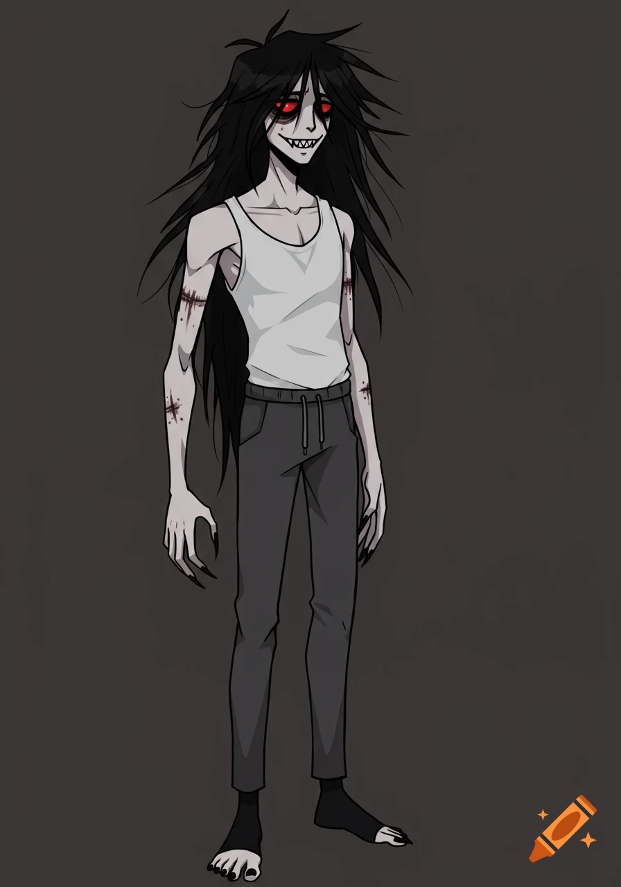 A pale, thin character with long black hair, red eyes, sharp teeth, scars, wearing a tank top and sweatpants. Stylized illustration.