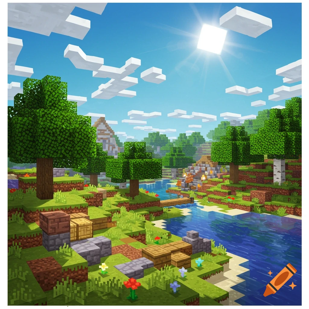Sunny Minecraft landscape with a river, trees, and a blocky structure.