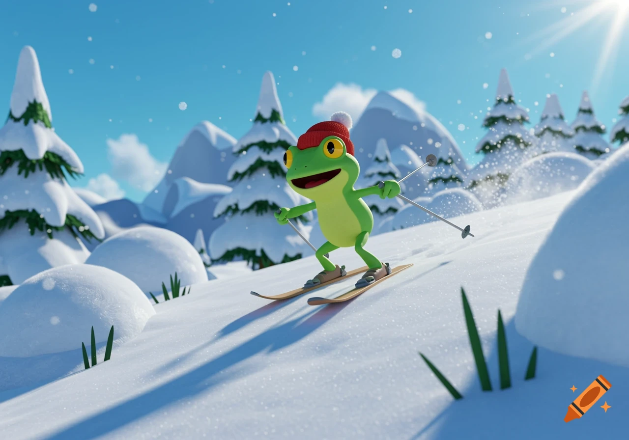 A vibrant cartoon green frog in a red beanie skis down a snowy hill past evergreen trees.