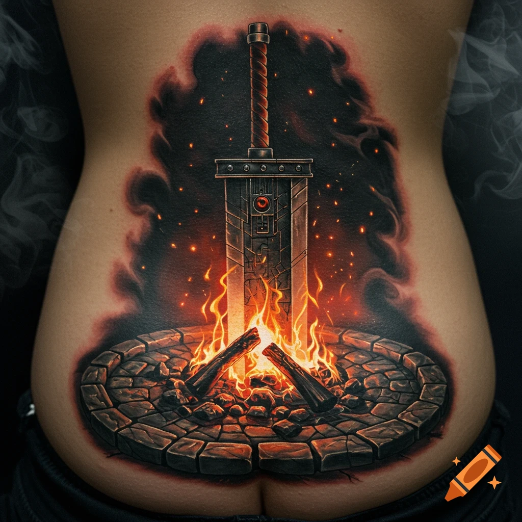 Tattoo of a large fantasy sword in a bonfire ring on a person's back
