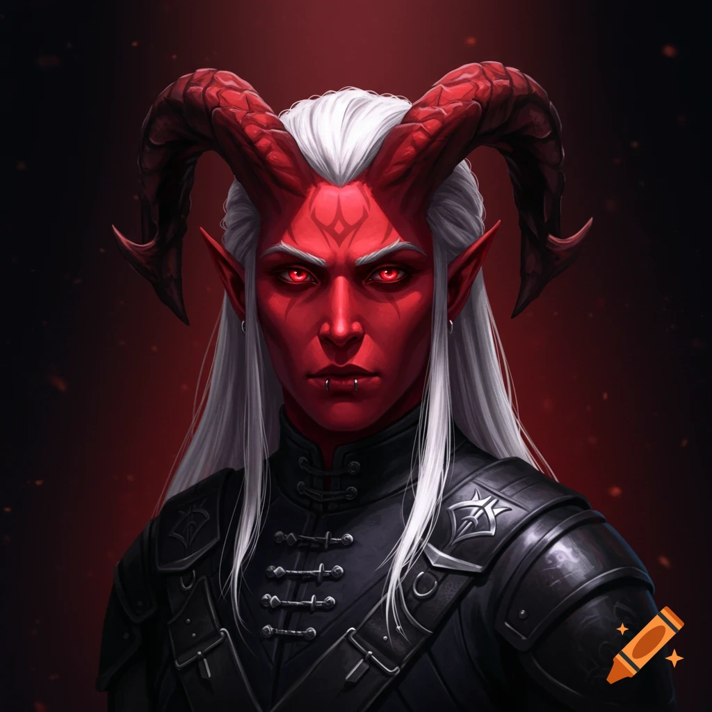A portrait of a red-skinned tiefling with horns, white hair, and glowing red eyes, wearing dark armor.