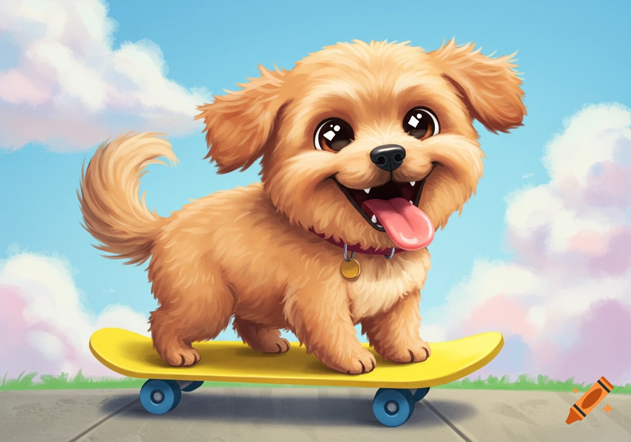 A cute cartoon puppy with a big smile rides a yellow skateboard.