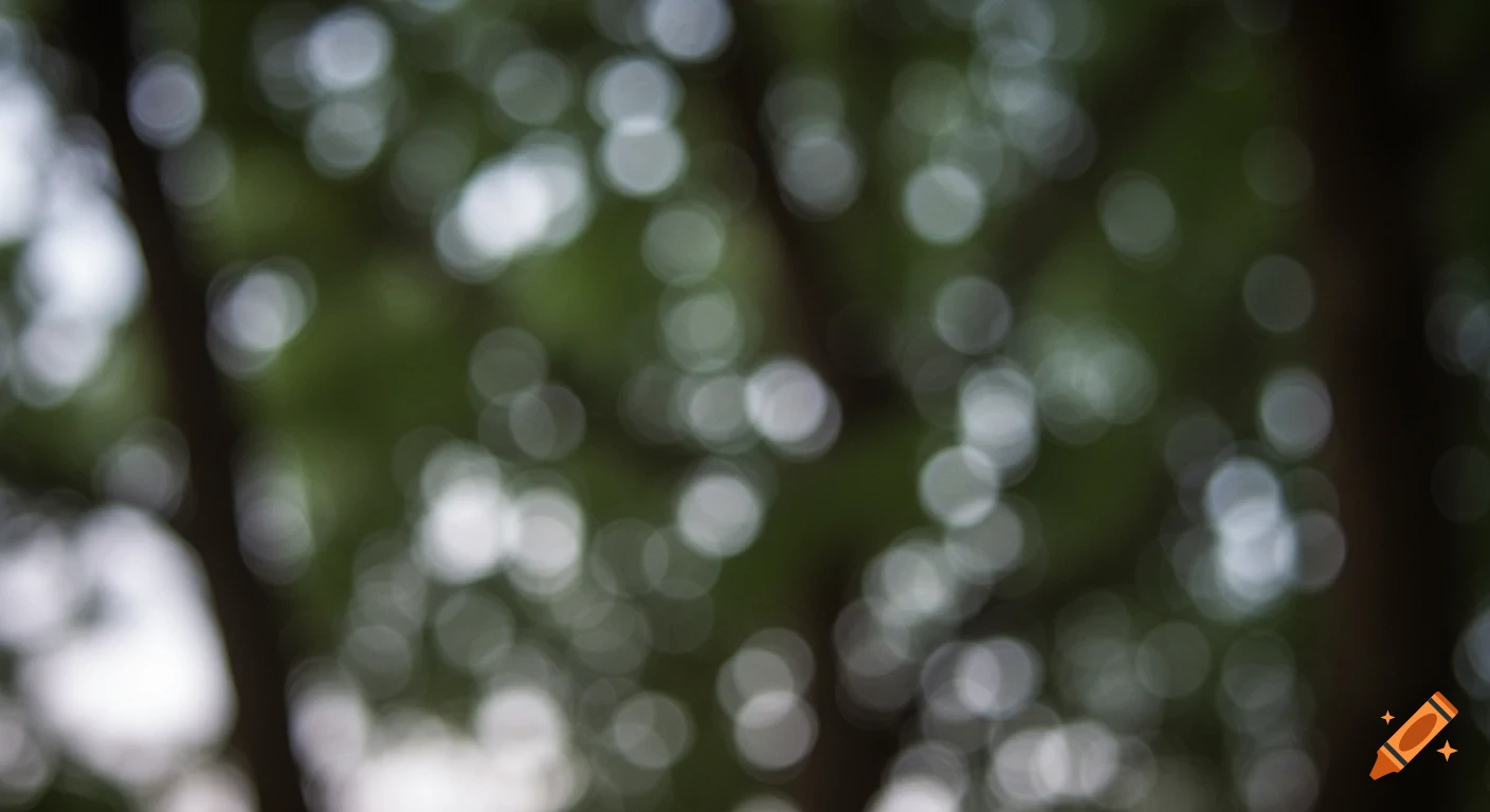Blurry bokeh circles of light through dark green leaves.