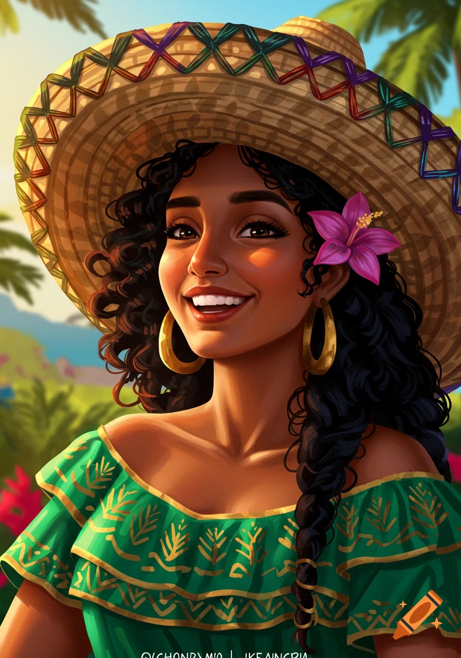 A smiling woman is wearing a traditional Colombian sombrero vueltiao and a green dress.