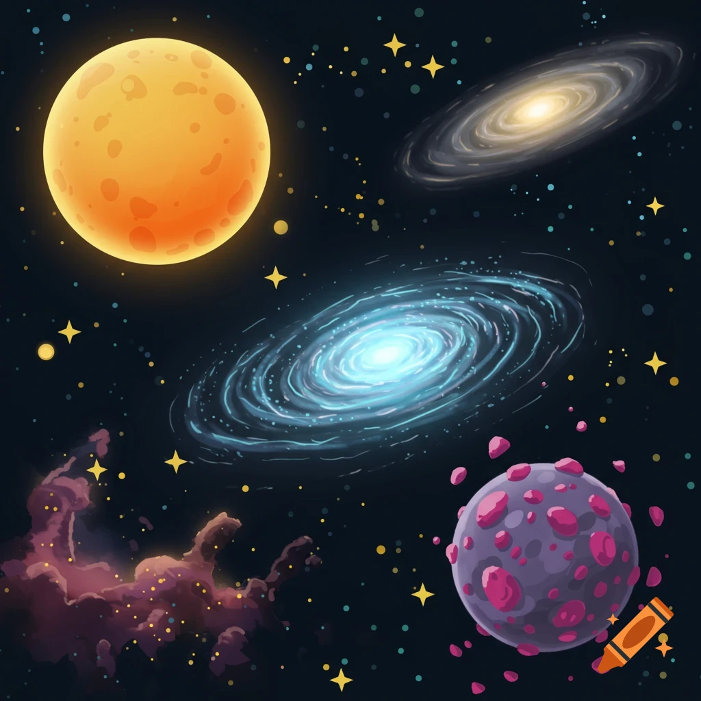 Cartoon space scene with planets, galaxies, and a nebula.