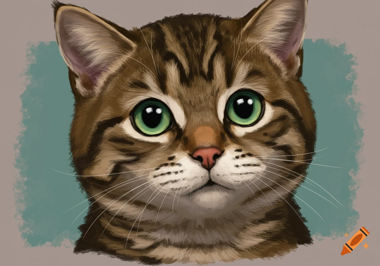 Close-up of a brown tabby cat face with green eyes.