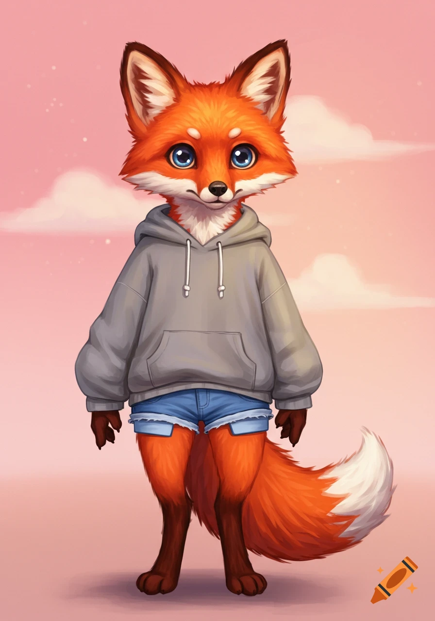 A cute, humanlike red fox wearing a grey hoodie and blue shorts stands against a pink sky with clouds.