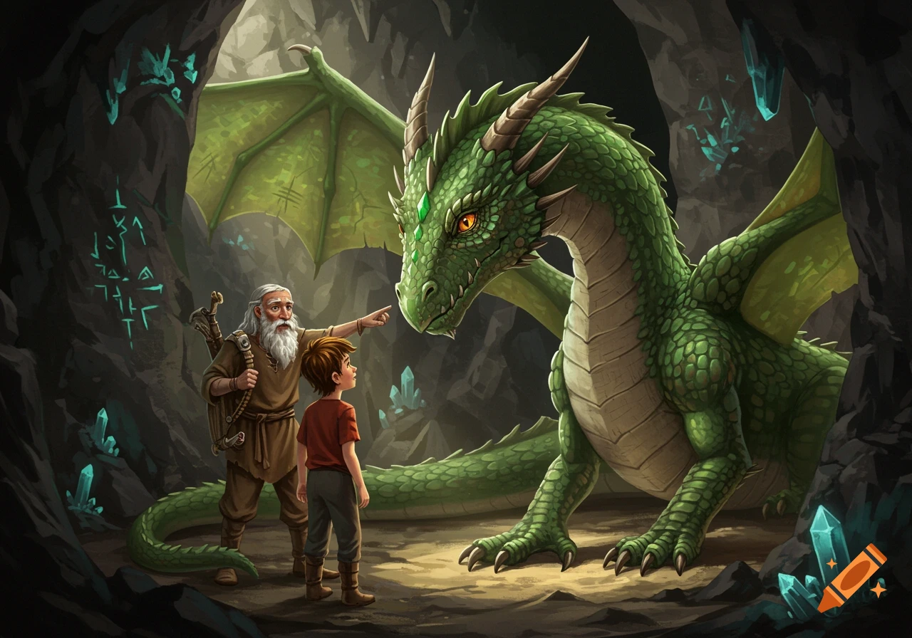A boy and an old man encounter a large green dragon in a crystal cave.